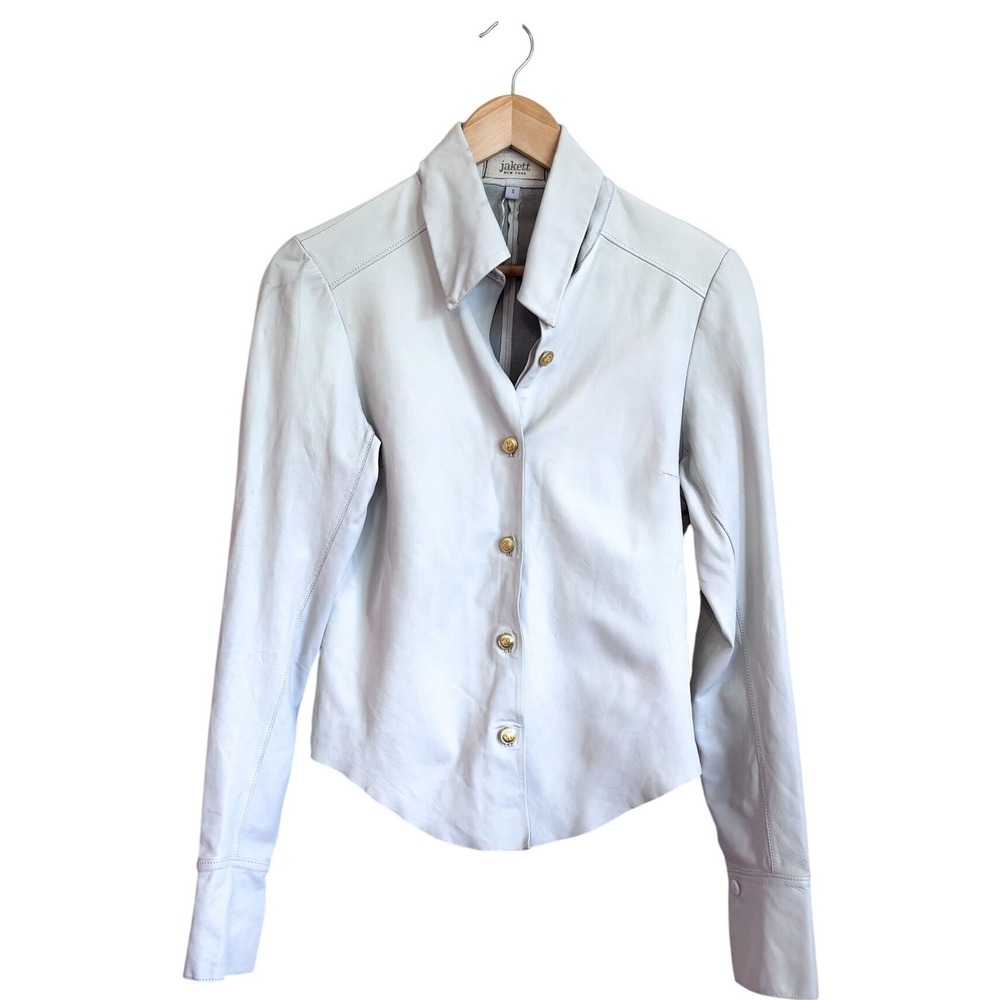 Jakett Womens Slim Fit Leather Shirt Jacket Small Light Gray Gold Crest Button
